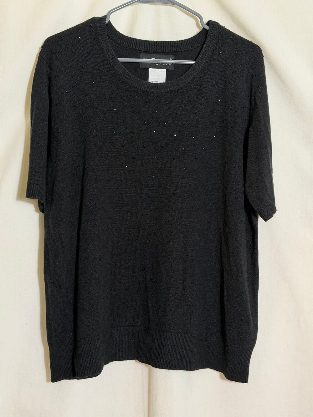 Vintage Sag Harbor Woman Black Beaded Sweater Top 1X Short Sleeve Knit Pullover